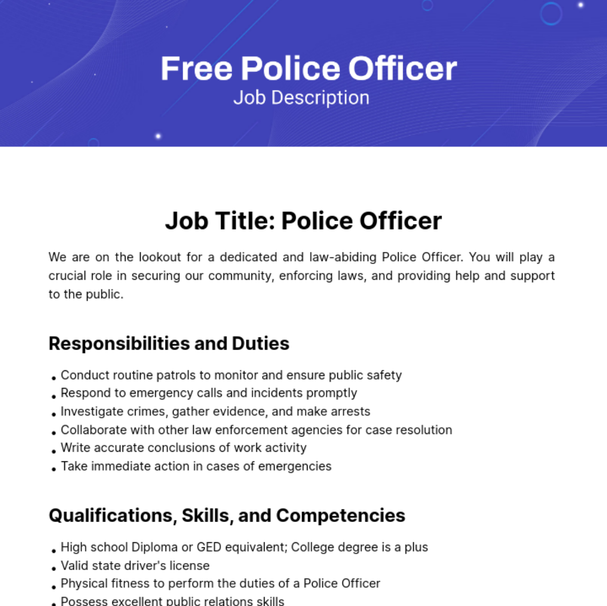 Free Police Officer Job Description Template