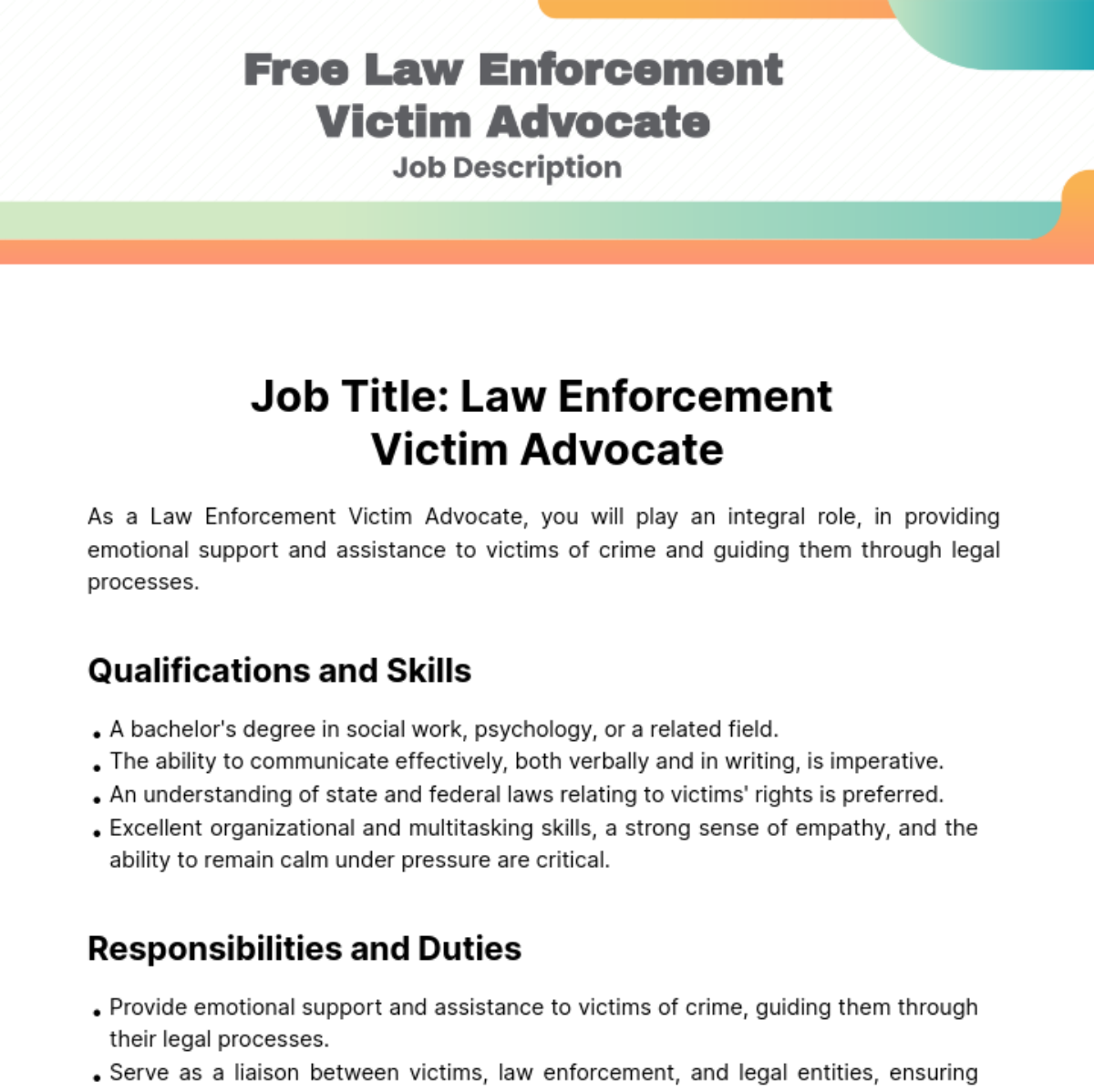Free Law Enforcement Victim Advocate Job Description Template