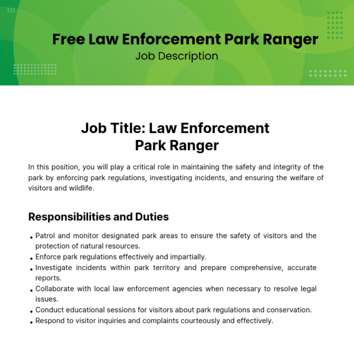 Free Law Enforcement Park Ranger Job Description Template