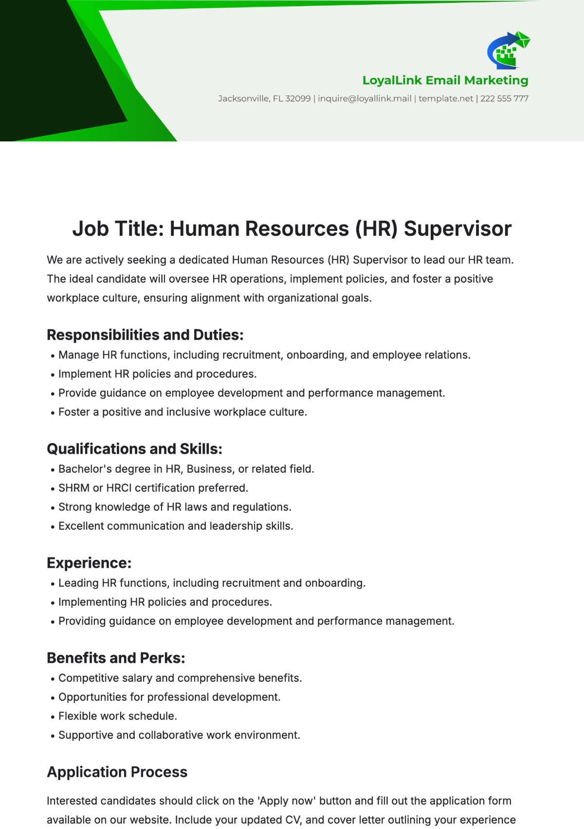 Human Resources (HR) Supervisor Job Description Template - Edit Online & Download