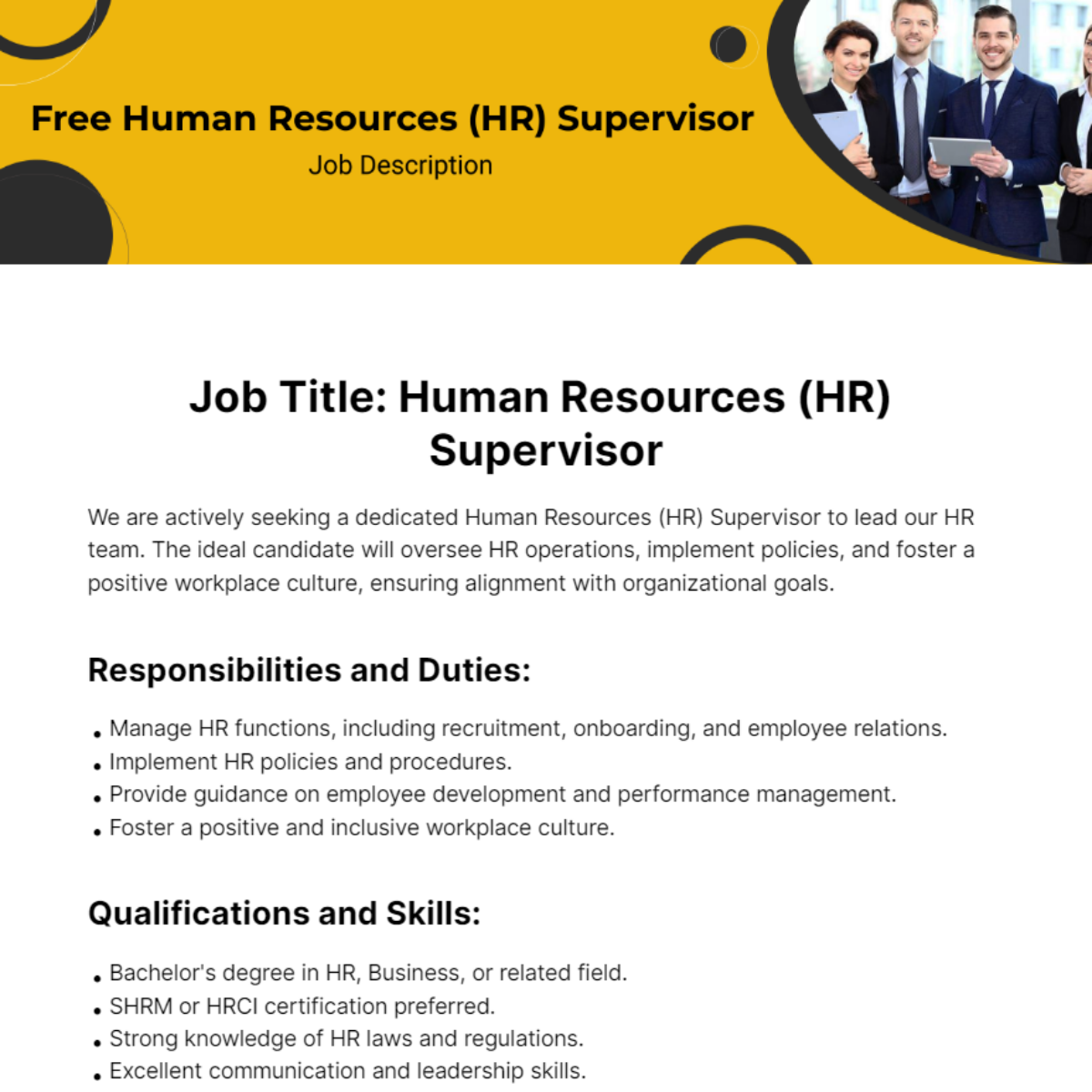 Human Resources (HR) Supervisor Job Description Template