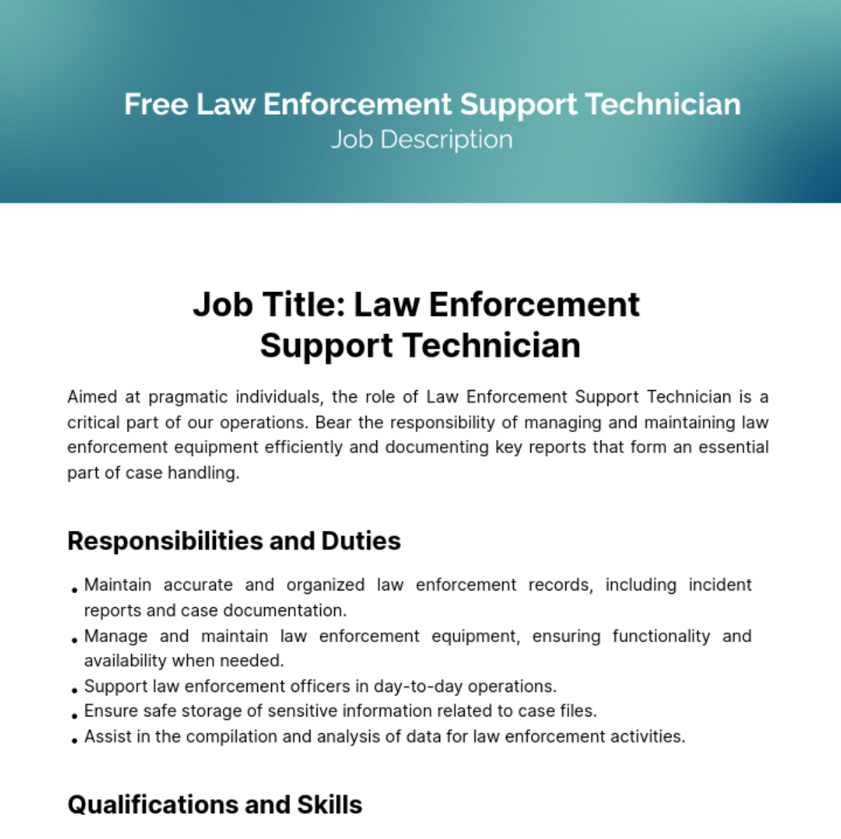 Free Law Enforcement Support Technician Job Description Template
