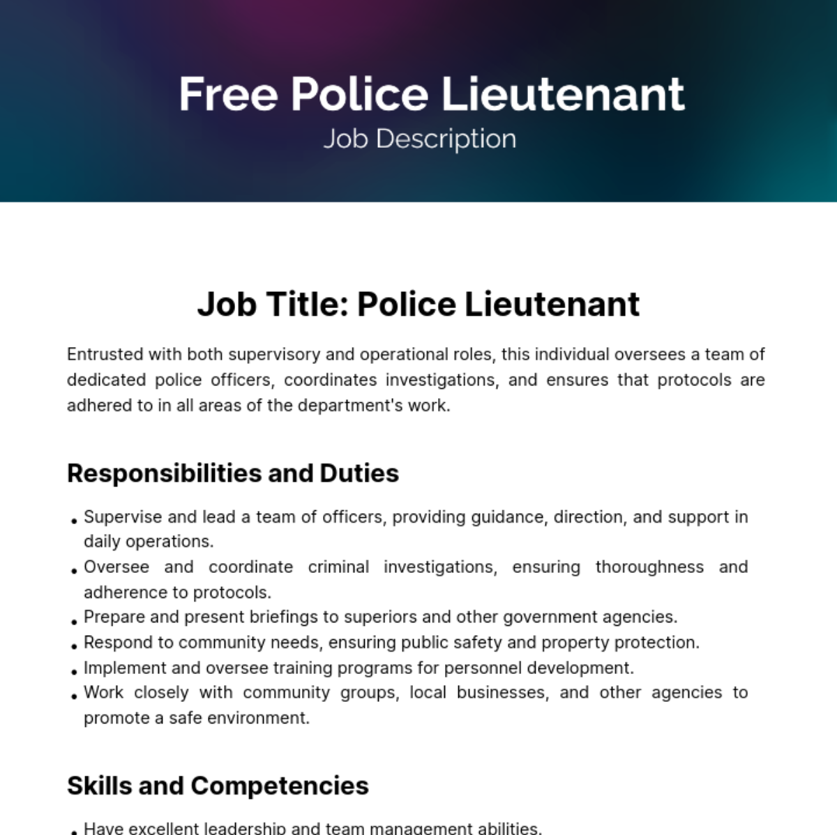 Free Police Lieutenant Job Description Template