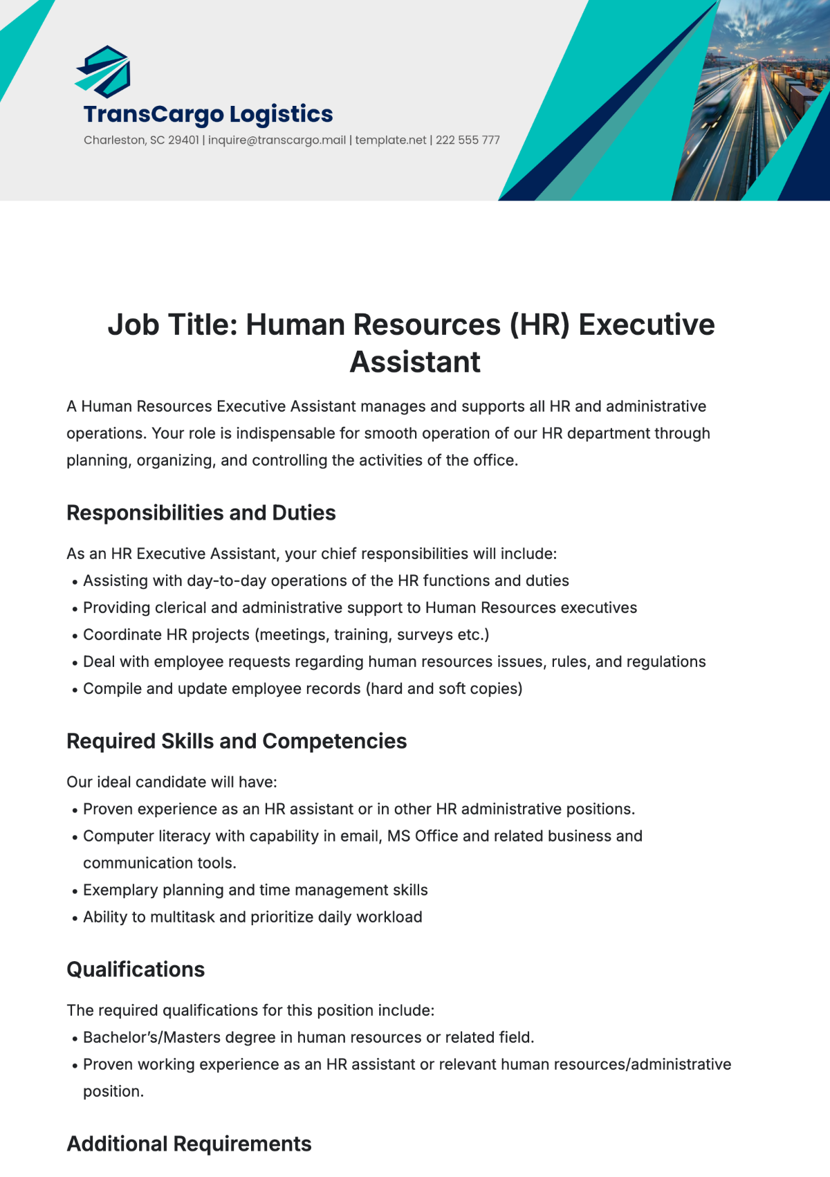 Human Resources (HR) Executive Assistant Job Description Template - Edit Online & Download