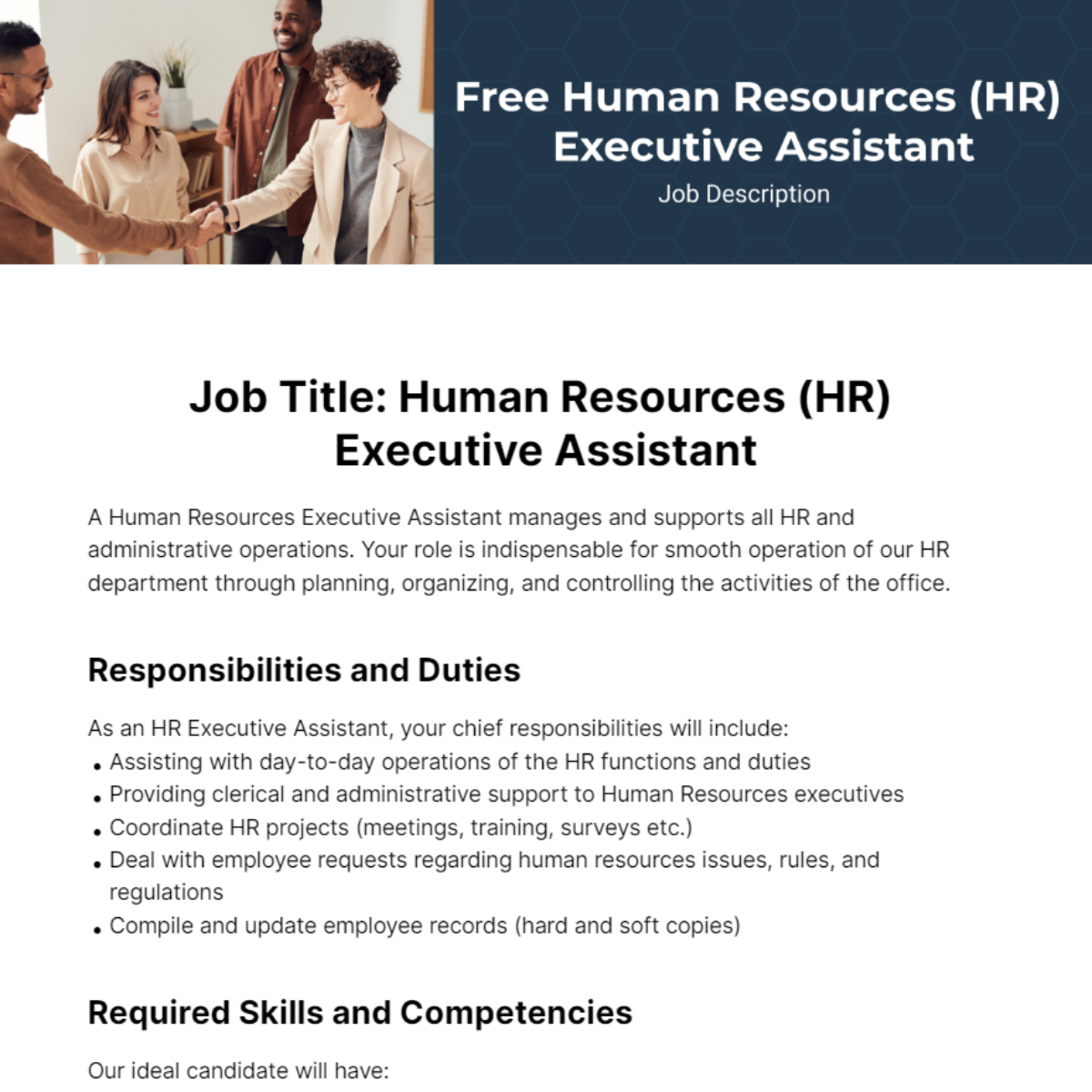 Human Resources (HR) Executive Assistant Job Description Template