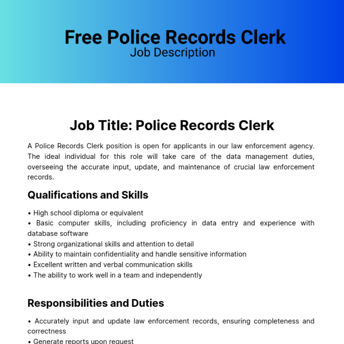 Free Police Records Clerk Job Description Template