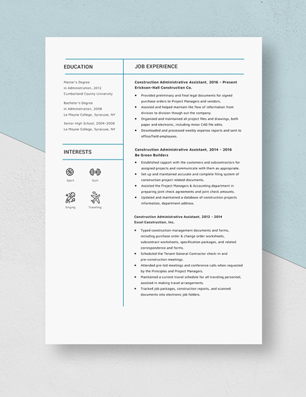 Construction Administrative Assistant Resume Template