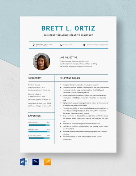 Free Construction Administrative Assistant Resume Template - Word, Apple Pages, PSD
