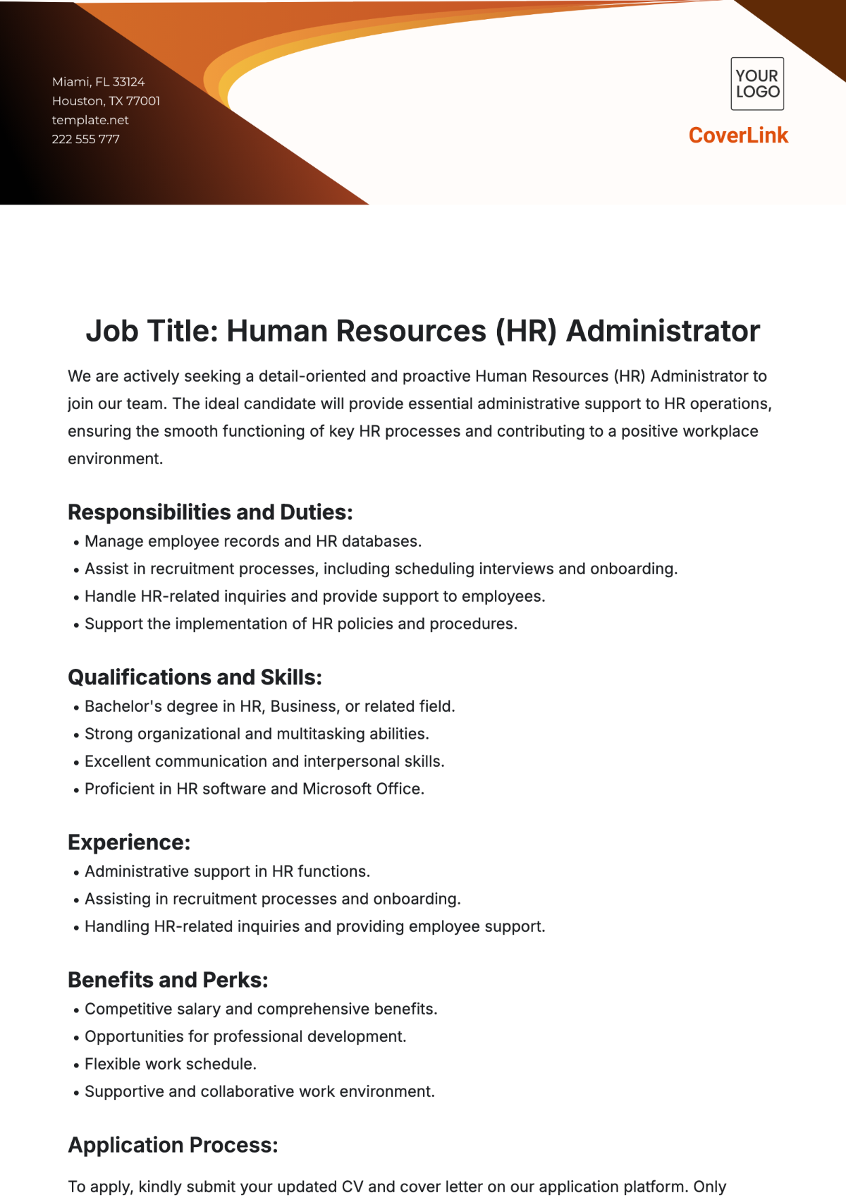 Human Resources (HR) Administrator Job Description Template - Edit Online & Download