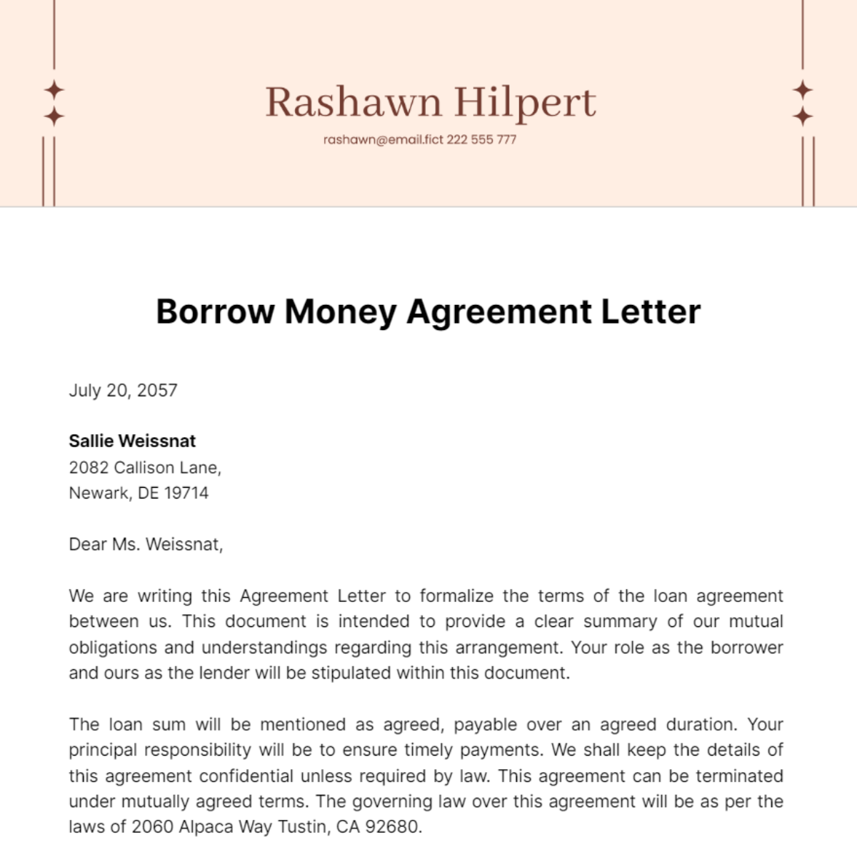 Free Borrow Money Agreement Letter Template