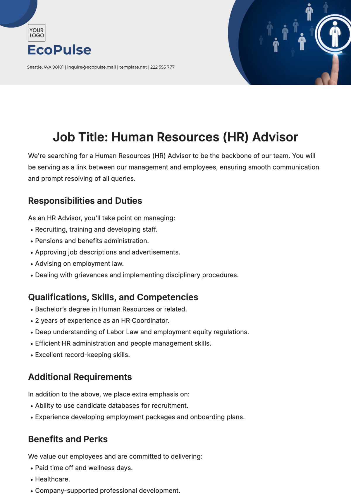 Human Resources (HR) Advisor Job Description Template - Edit Online & Download