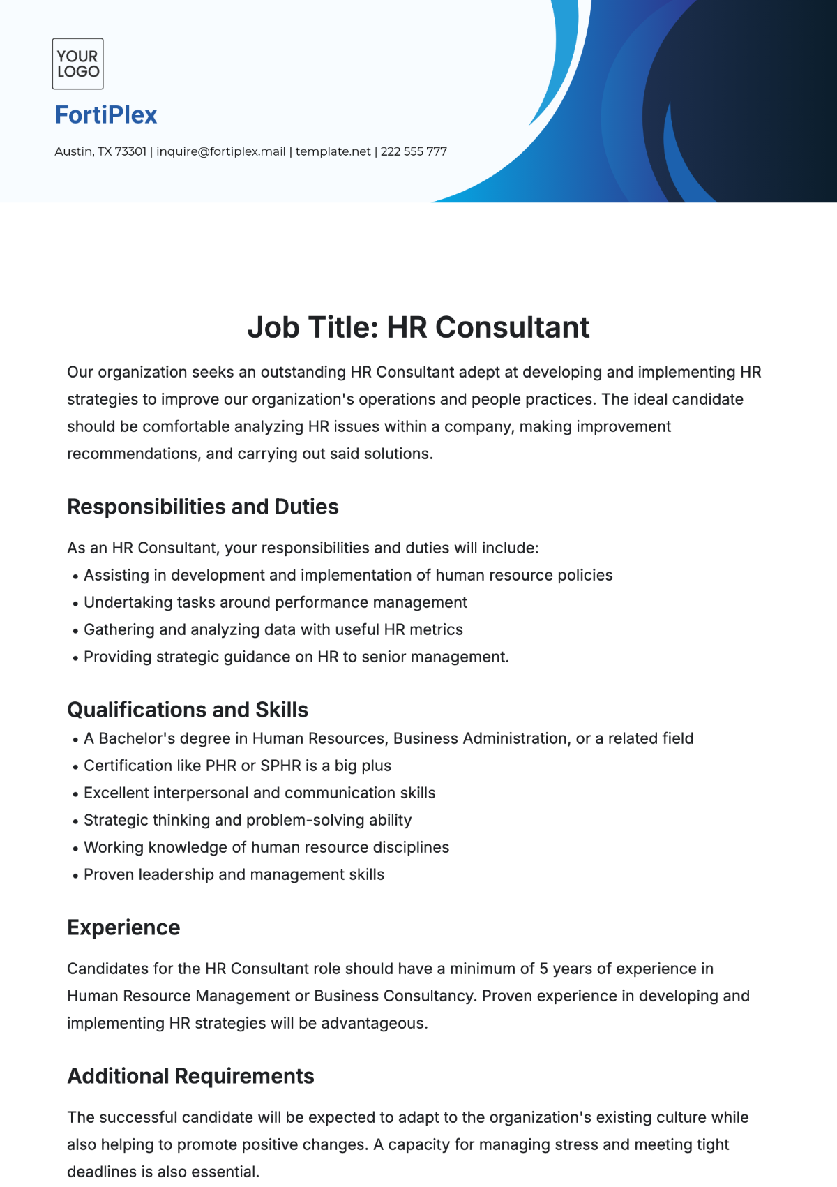 Human Resources (HR) Consultant Job Description Template - Edit Online & Download