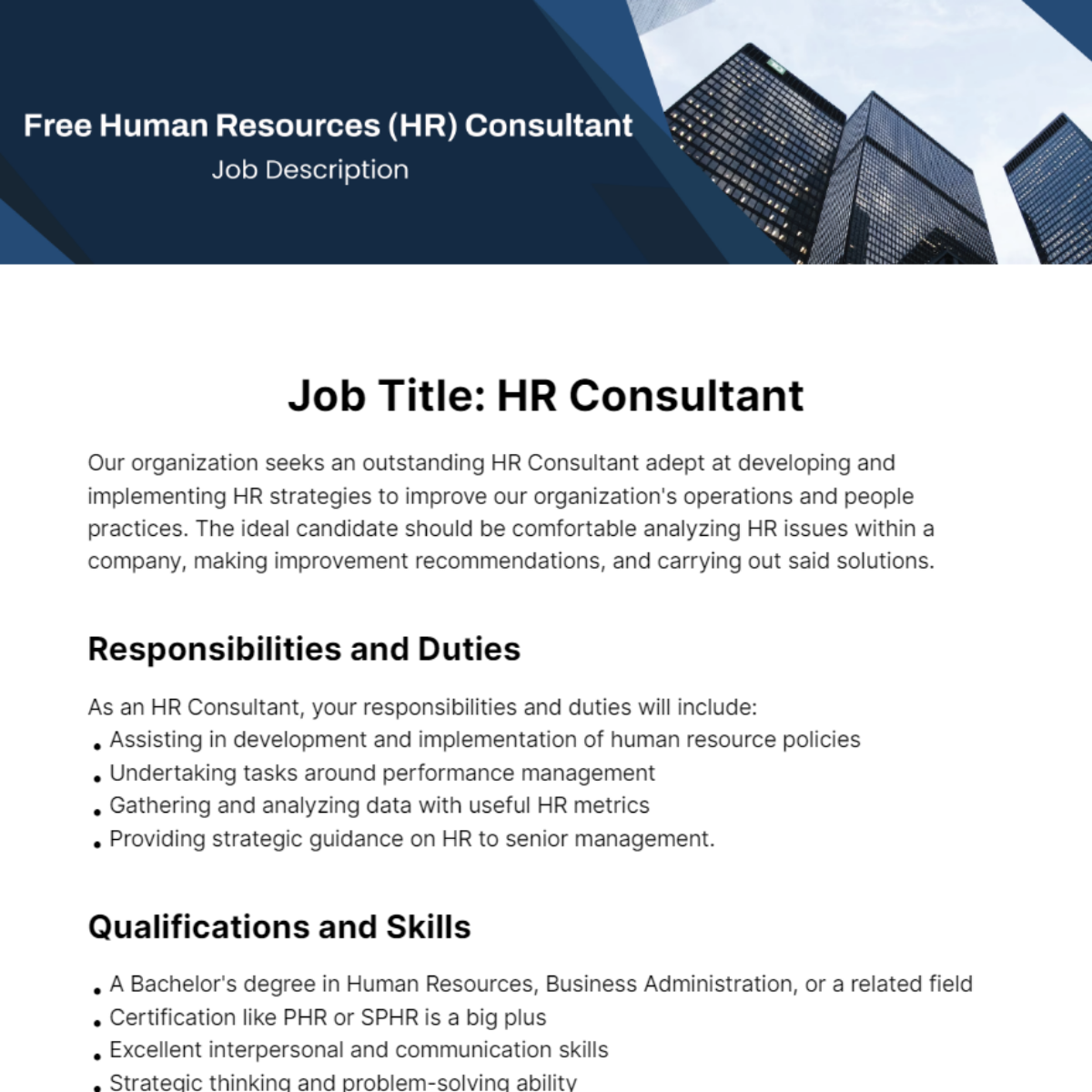 Human Resources (HR) Consultant Job Description Template