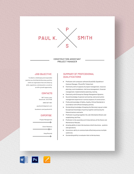 Construction Assistant Project Manager Resume Template - Word, Apple Pages, PSD
