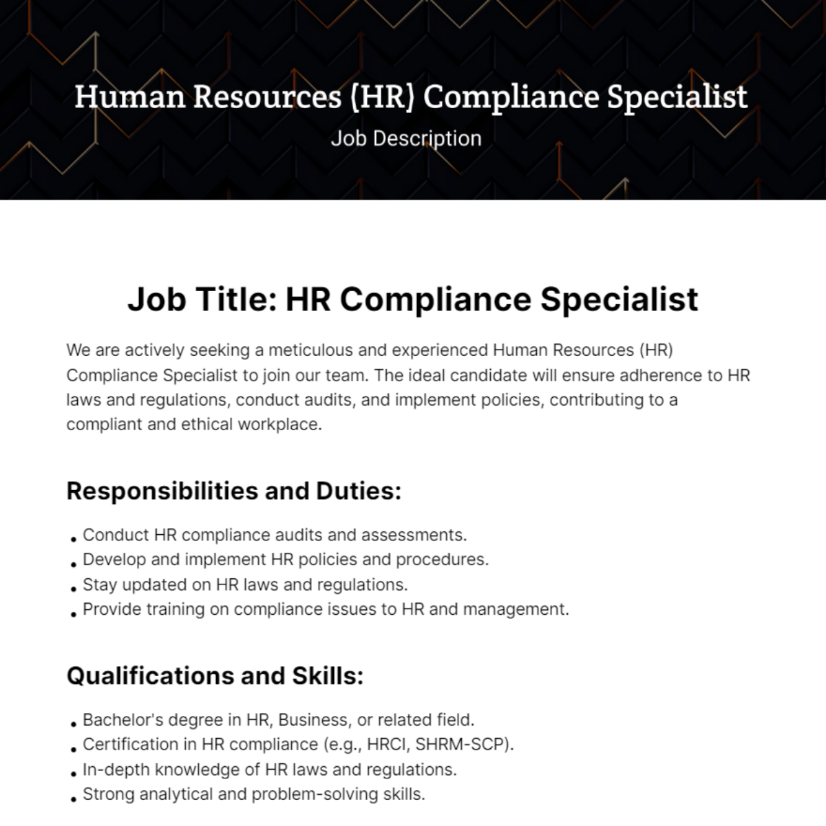 Human Resources (HR) Compliance Specialist Job Description Template