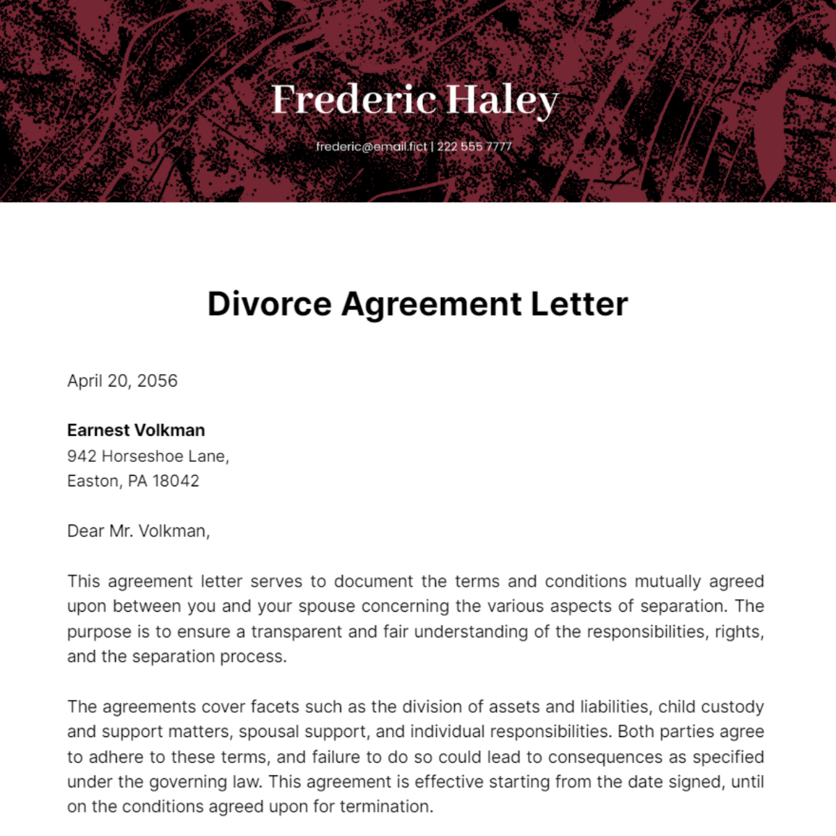 Divorce Agreement Letter Template
