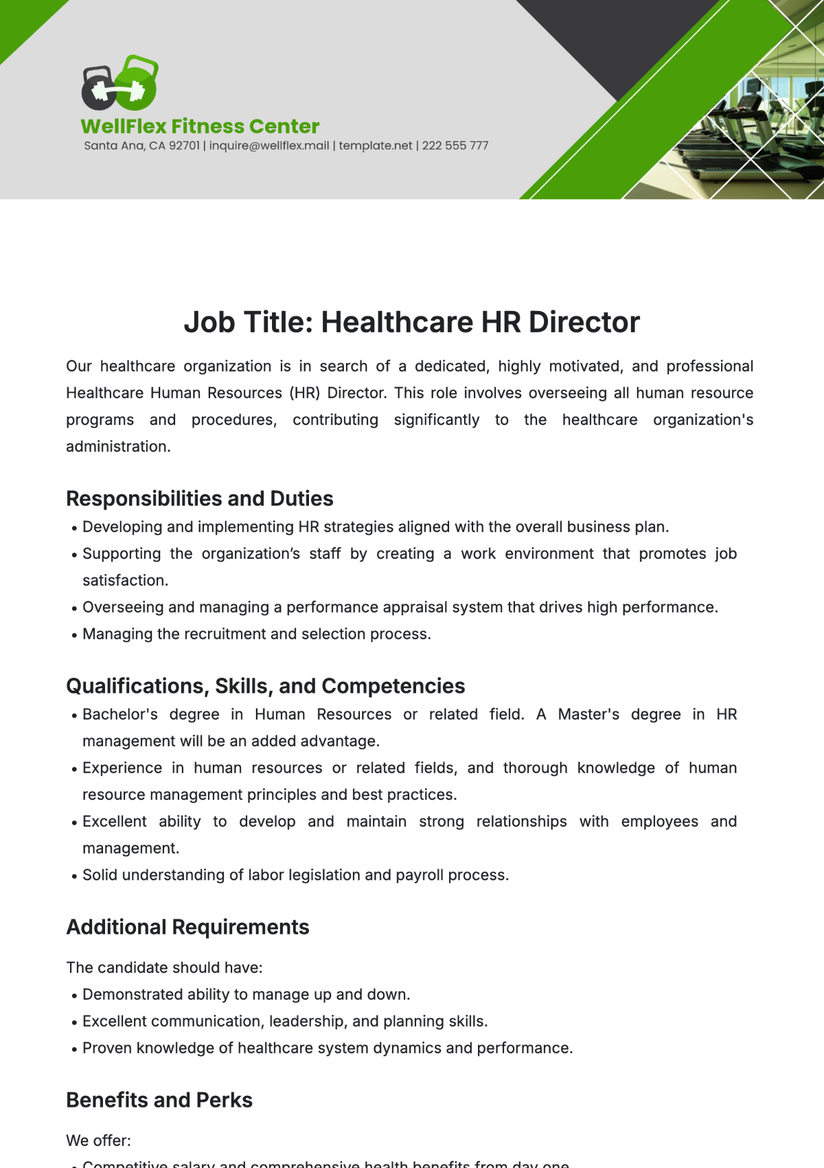 Healthcare Human Resources (HR) Director Job Description Template - Edit Online & Download