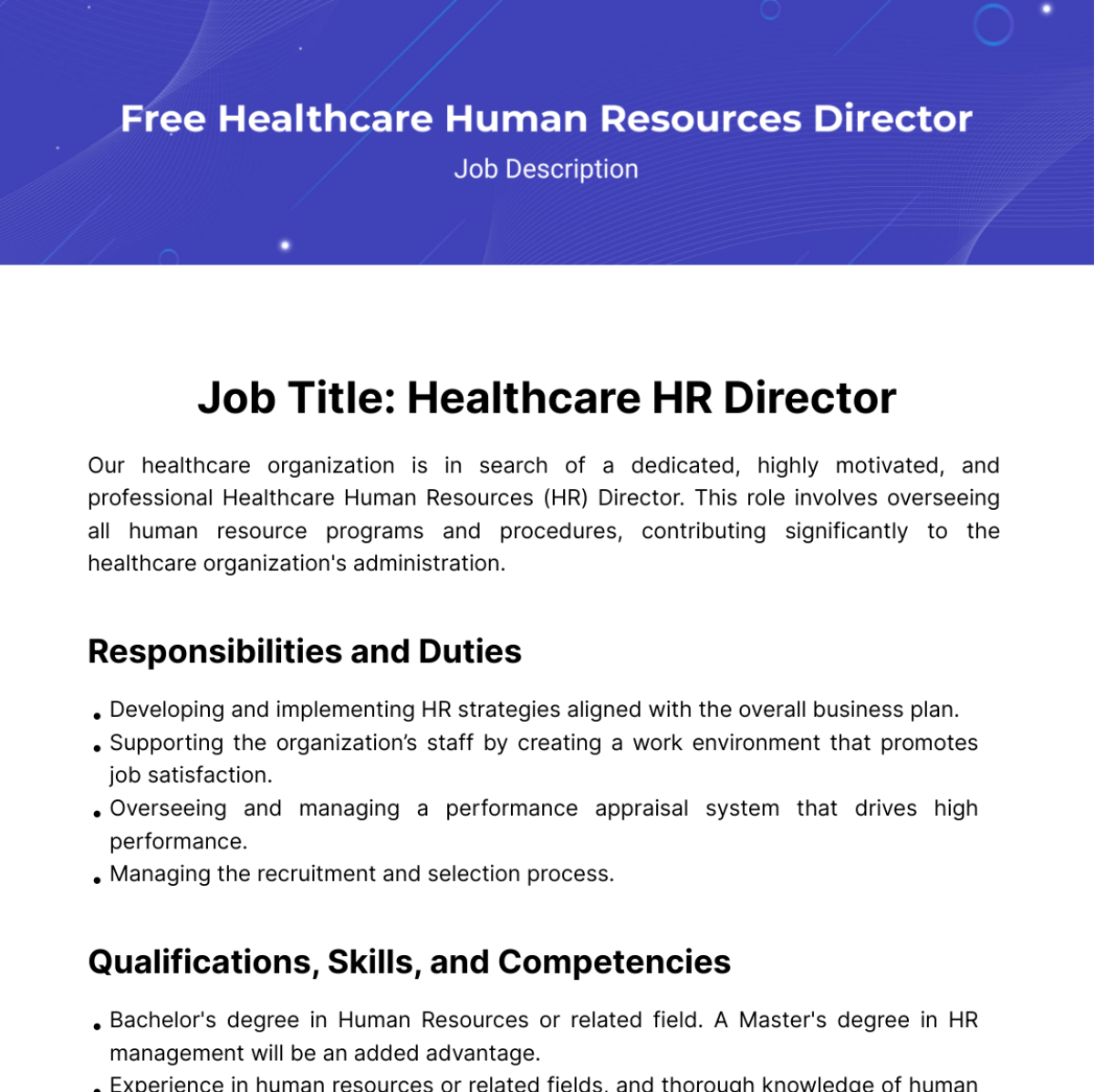 Healthcare Human Resources (HR) Director Job Description Template