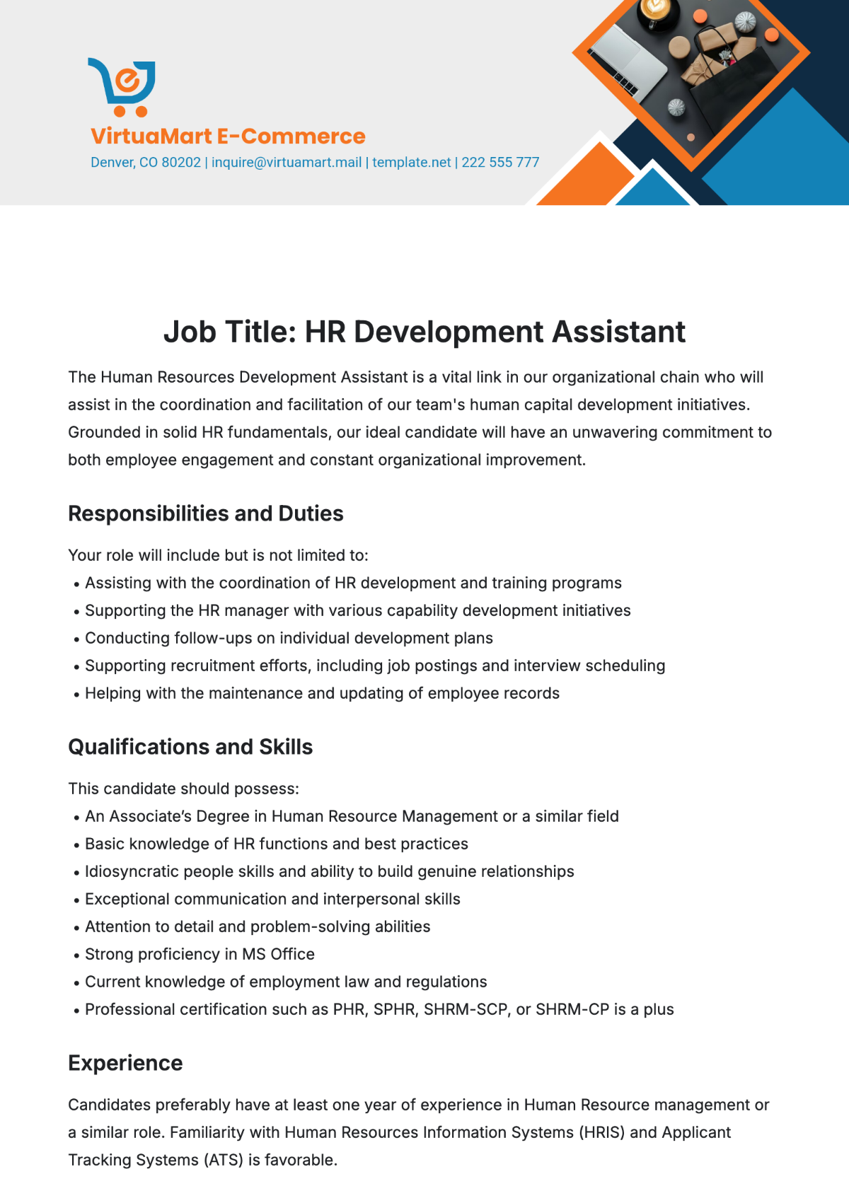 Human Resources (HR) Development Assistant Job Description Template - Edit Online & Download