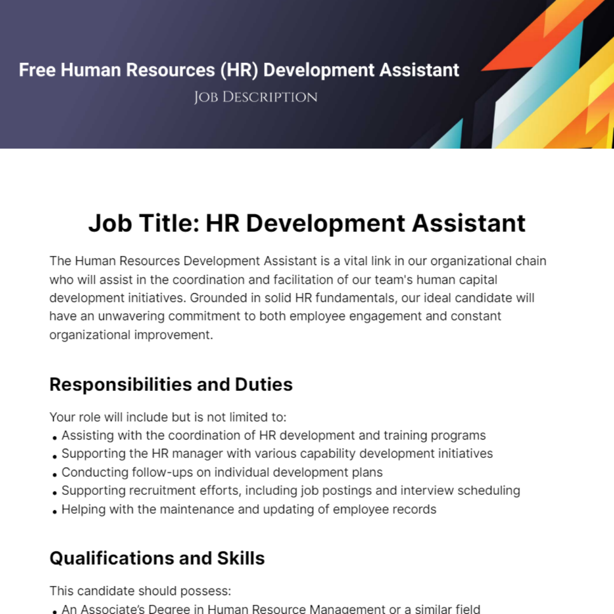 Human Resources (HR) Development Assistant Job Description Template