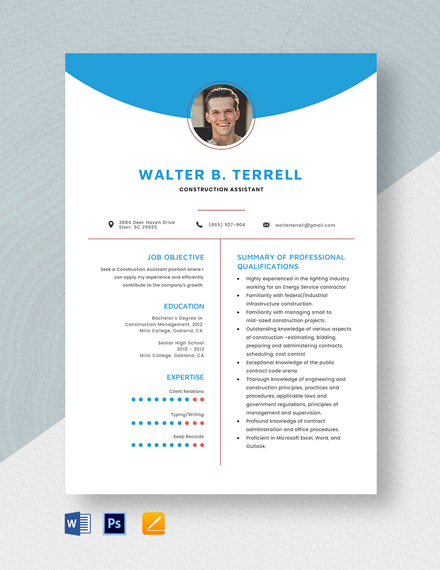 Construction Assistant Resume Template - Word, Apple Pages, PSD