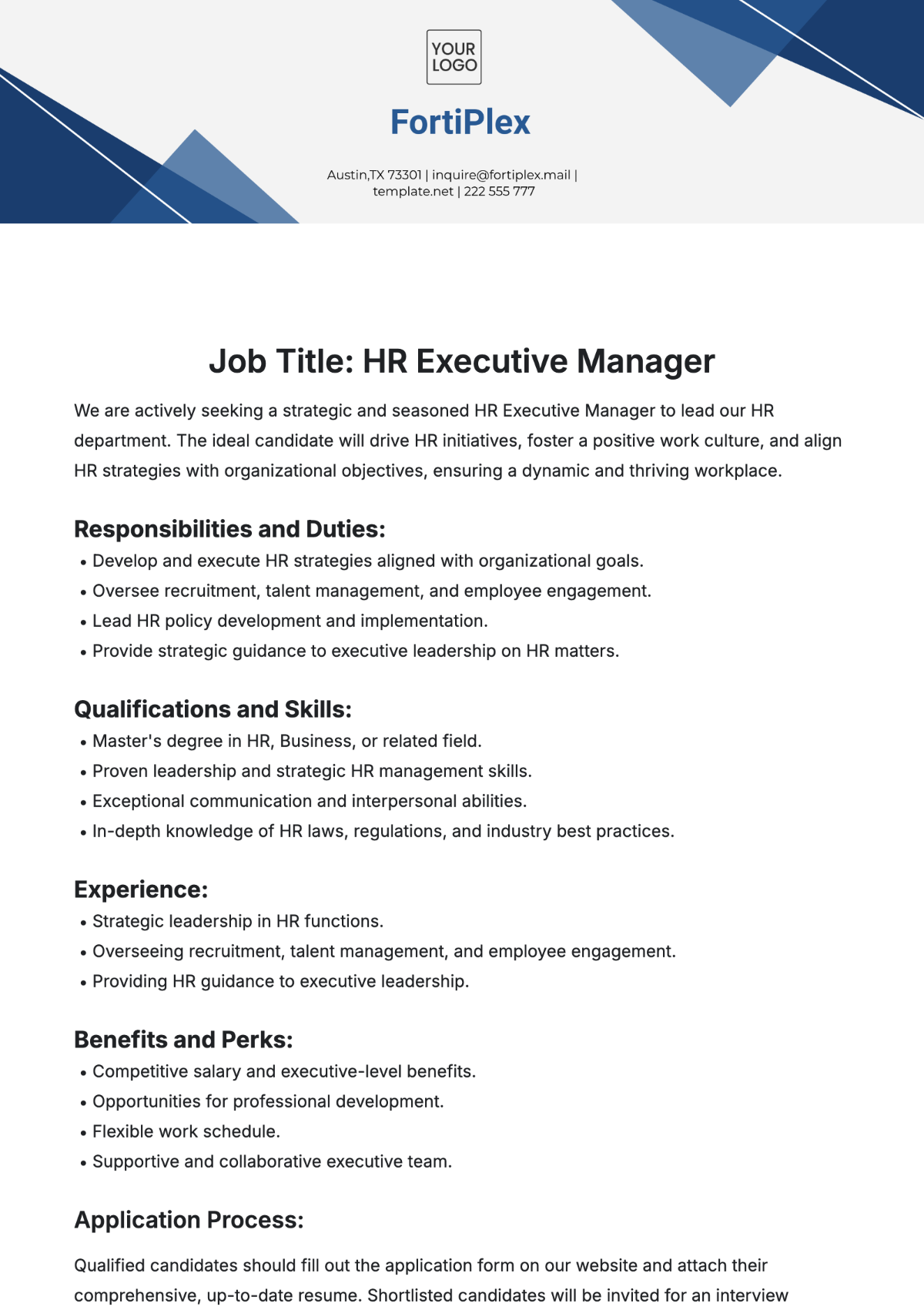 Human Resources (HR) Executive Manager Job Description Template - Edit Online & Download