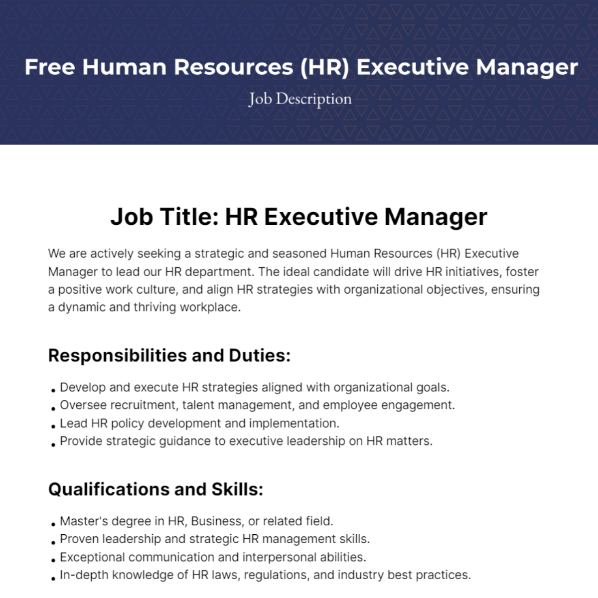 Human Resources (HR) Executive Manager Job Description Template