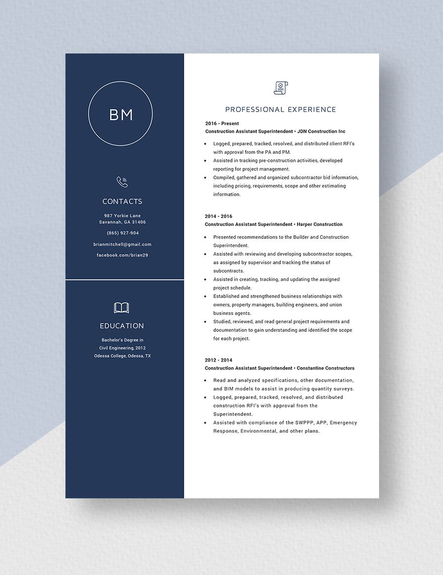 Construction Assistant Superintendent Resume