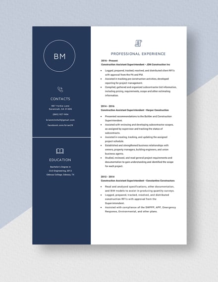 Construction Assistant Superintendent Resume Template