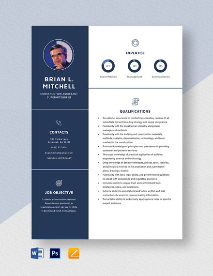 Construction Assistant Superintendent Resume Template - Word, Apple Pages, PSD