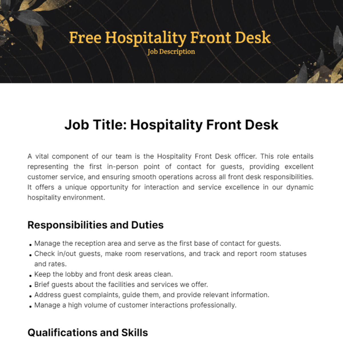 Hospitality Front Desk Job Description Template