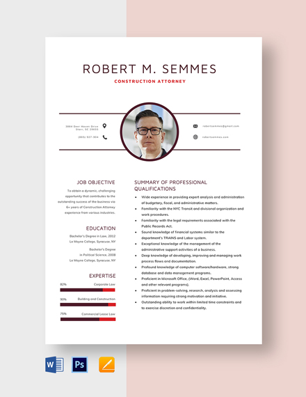 Construction Attorney Resume Template - Word, Apple Pages, PSD