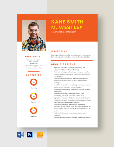 Construction Carpenter Resume Template - Word, Apple Pages, PSD