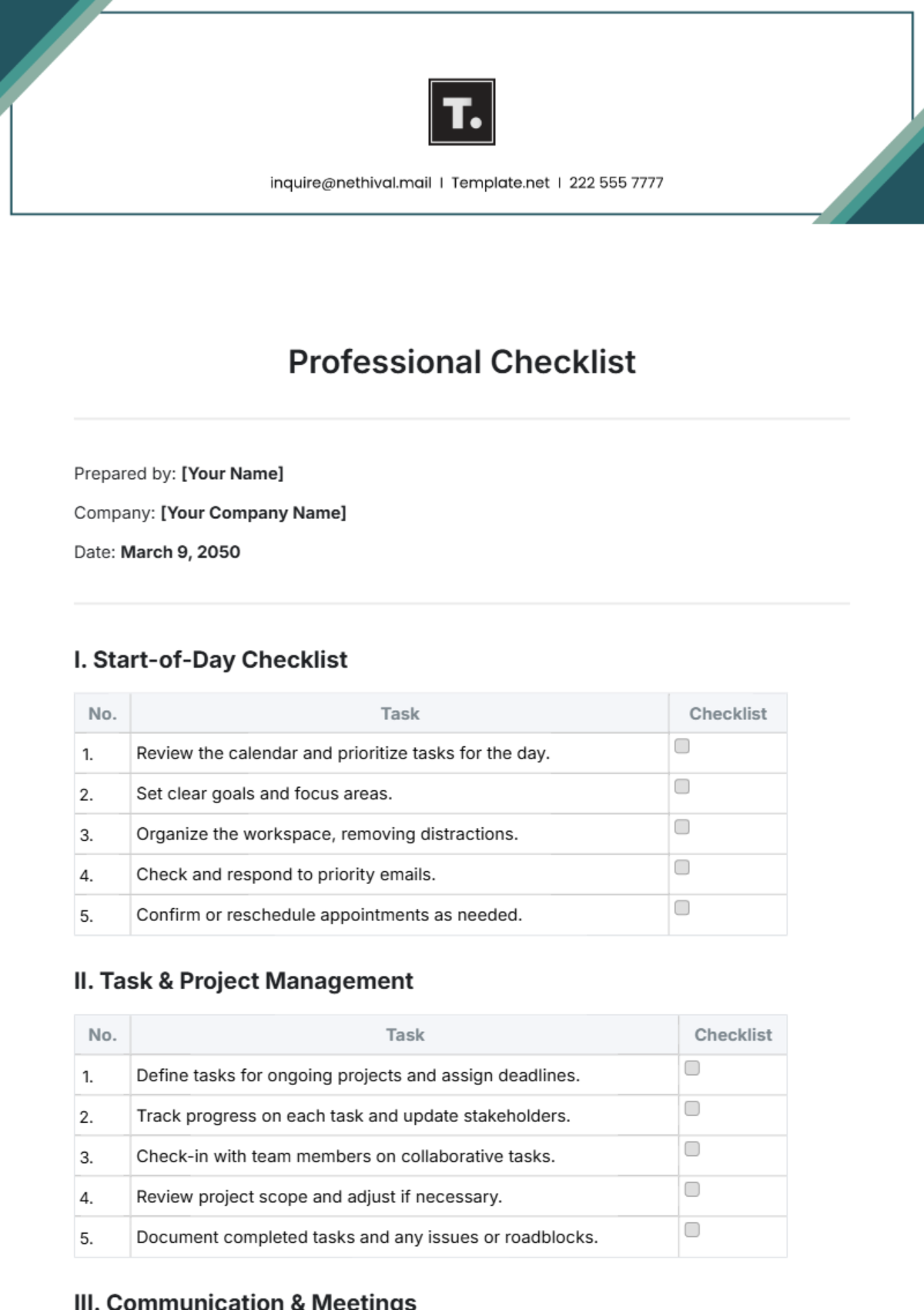 Professional Checklist Template - Edit Online & Download