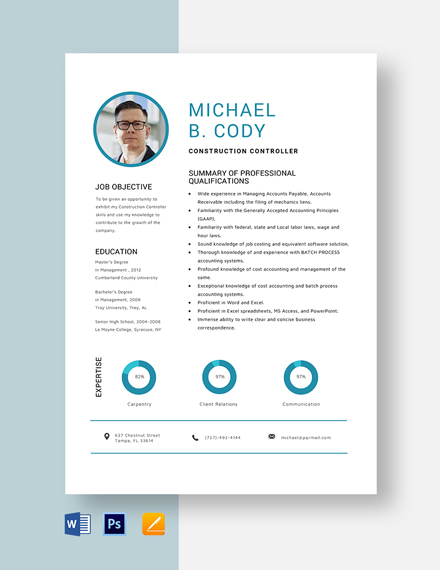 Construction Controller Resume Template - Word, Apple Pages, PSD