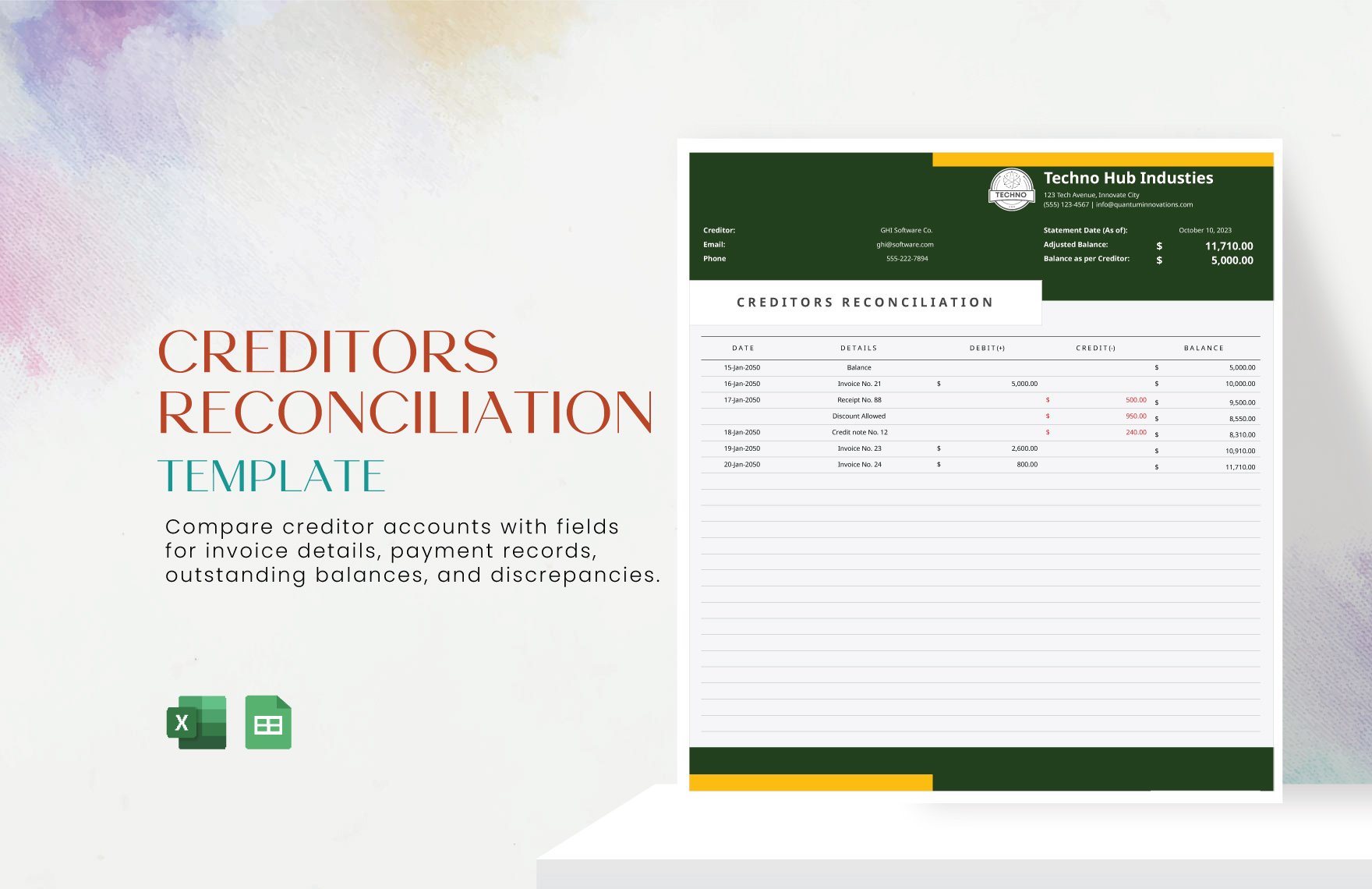 Creditors Reconciliation Template in Excel, Google Sheets