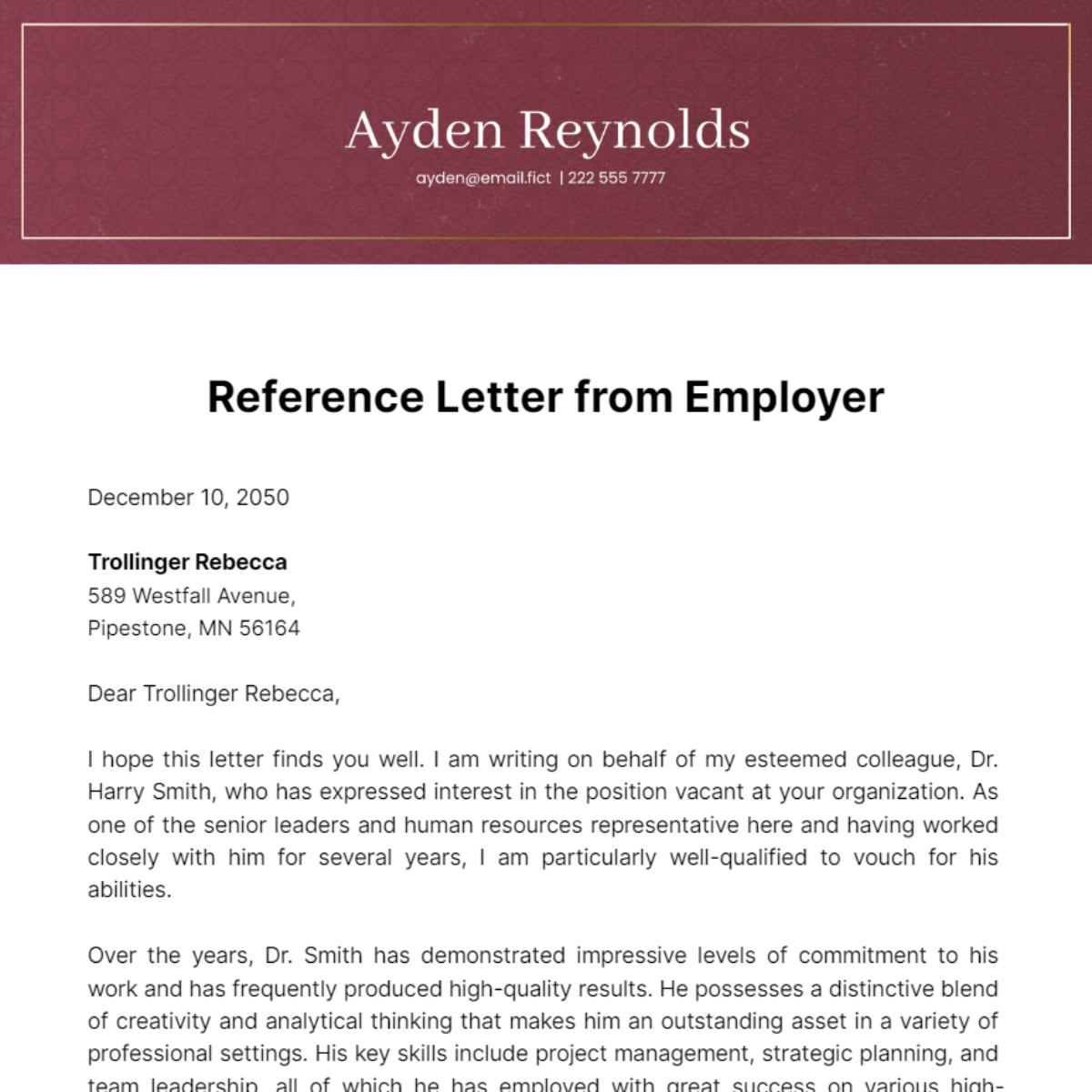 Reference Letter from Employer Template