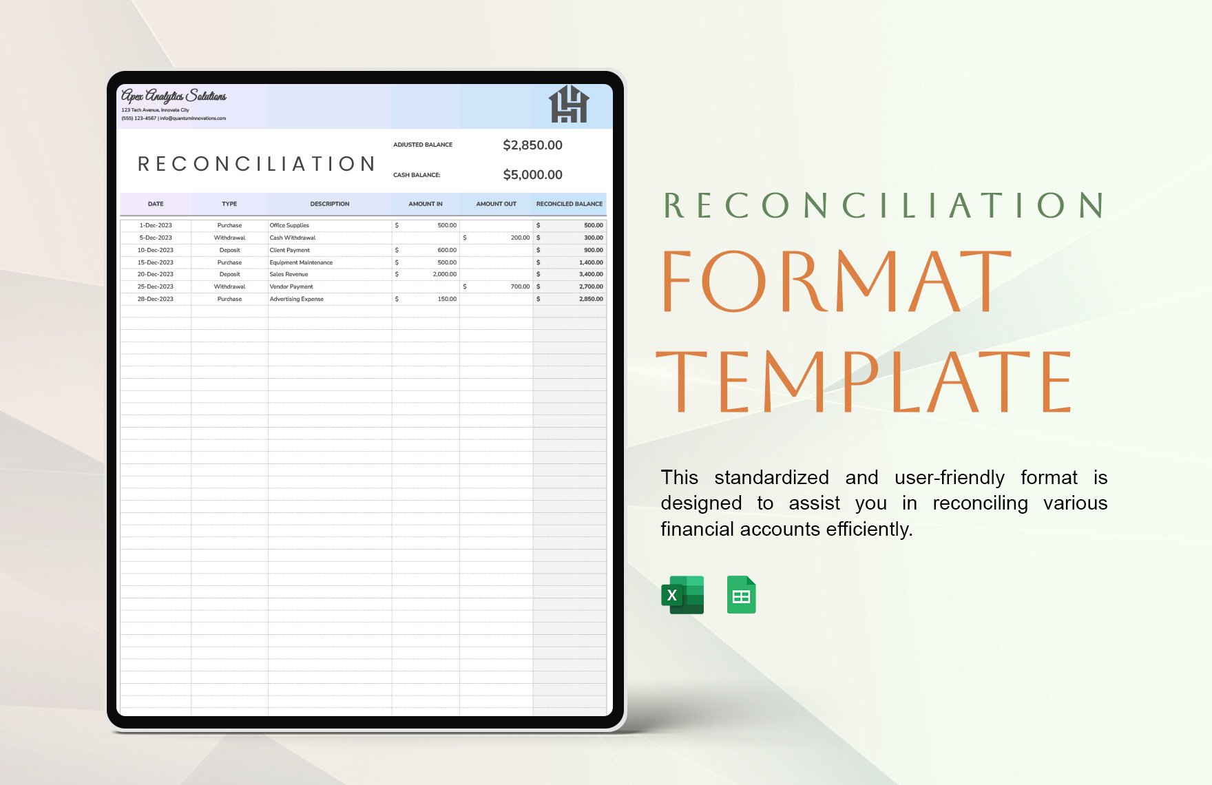 Free Reconciliation Format Template in Excel, Google Sheets