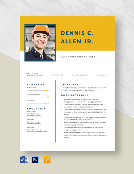 Construction Engineer Resume Template - Word, Apple Pages, PSD