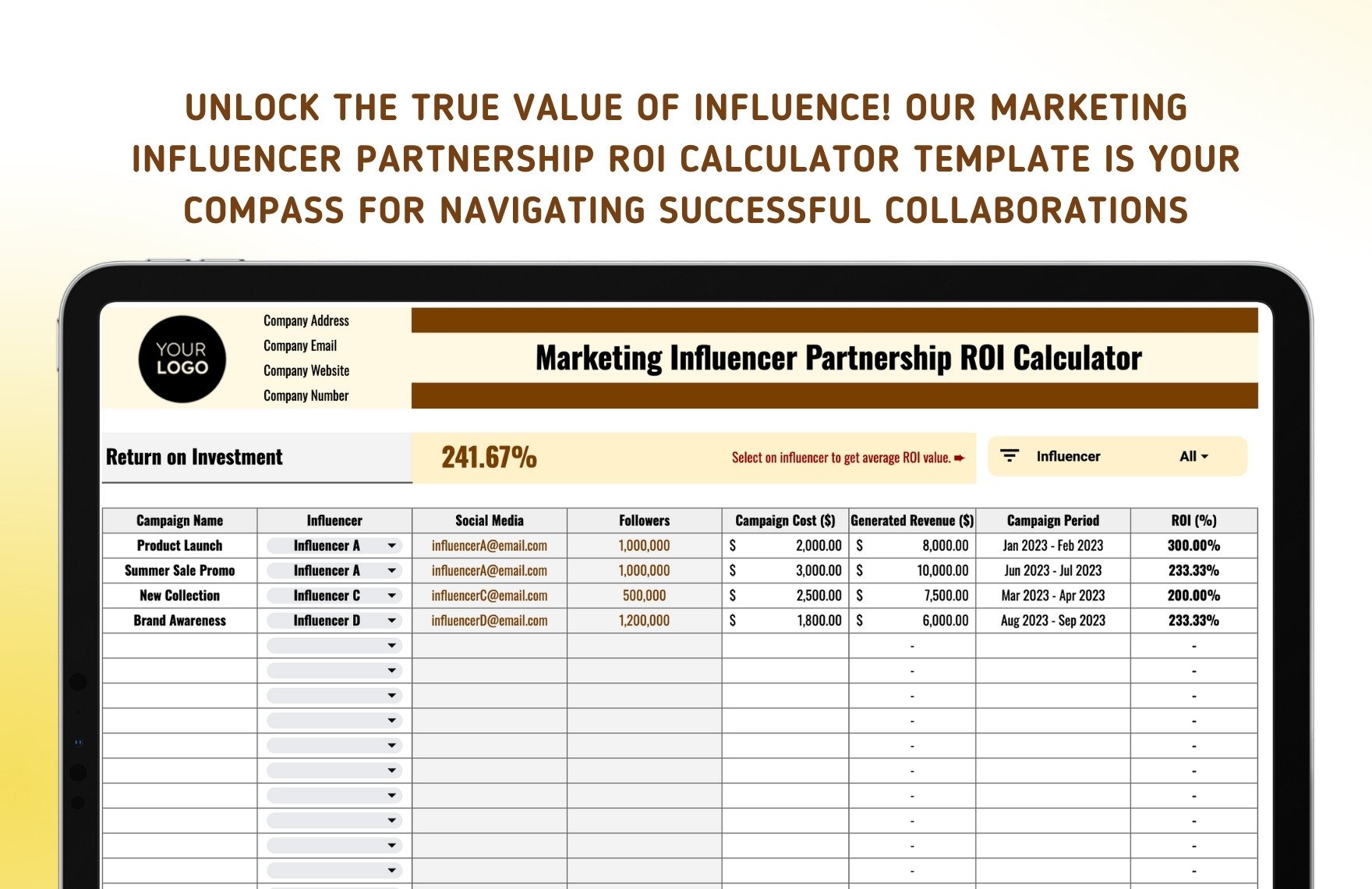 Marketing Influencer Partnership ROI Calculator Template