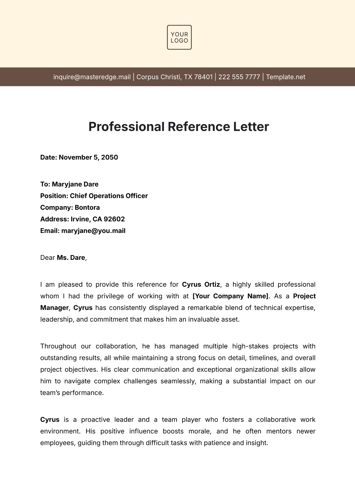 Professional Reference Letter Template - Edit Online & Download