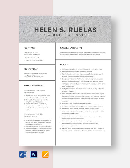 Free Concrete Estimator Resume Template - Word, Apple Pages
