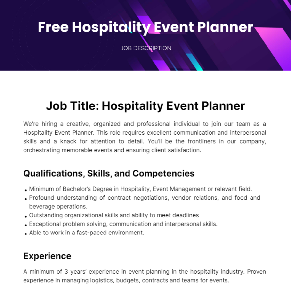 Free Hospitality Event Planner Job Description Template