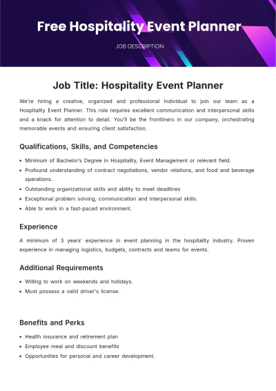 Free Hospitality Event Planner Job Description Template to Edit Online