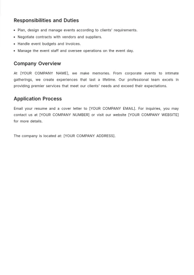 Free Hospitality Event Planner Job Description Template to Edit Online