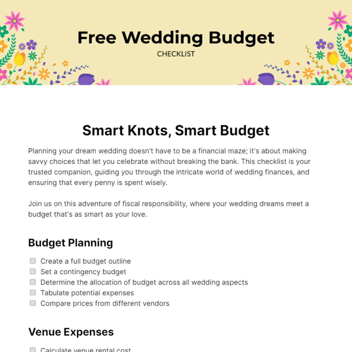 Wedding Budget Checklist Template