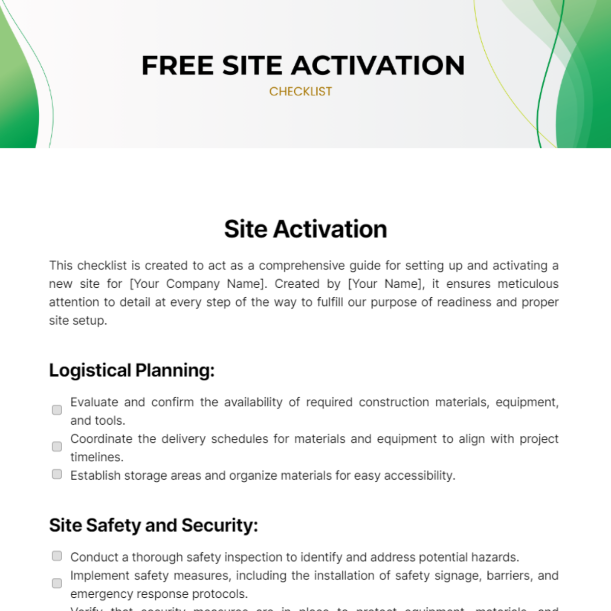 Site Activation Checklist Template