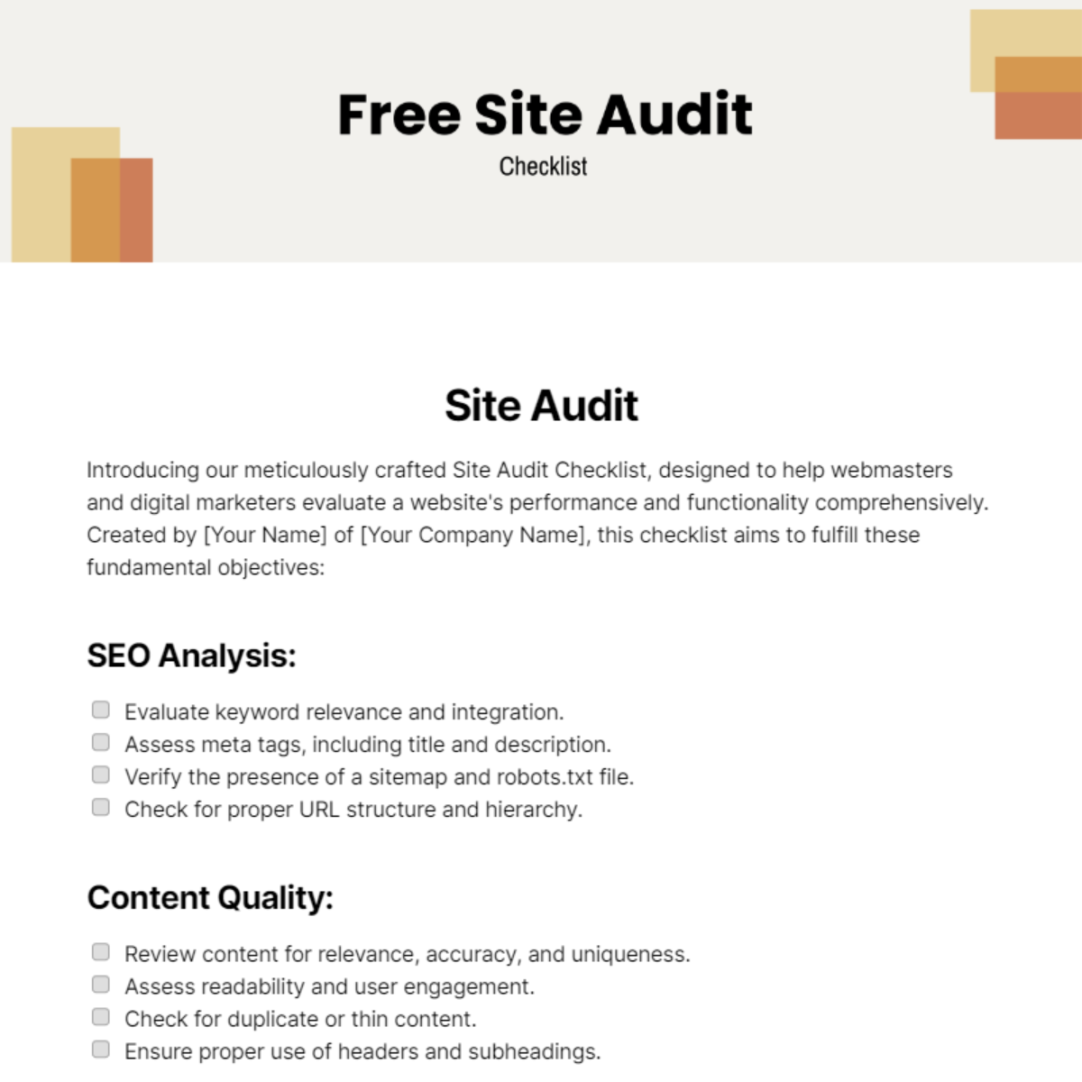 Site Audit Checklist Template