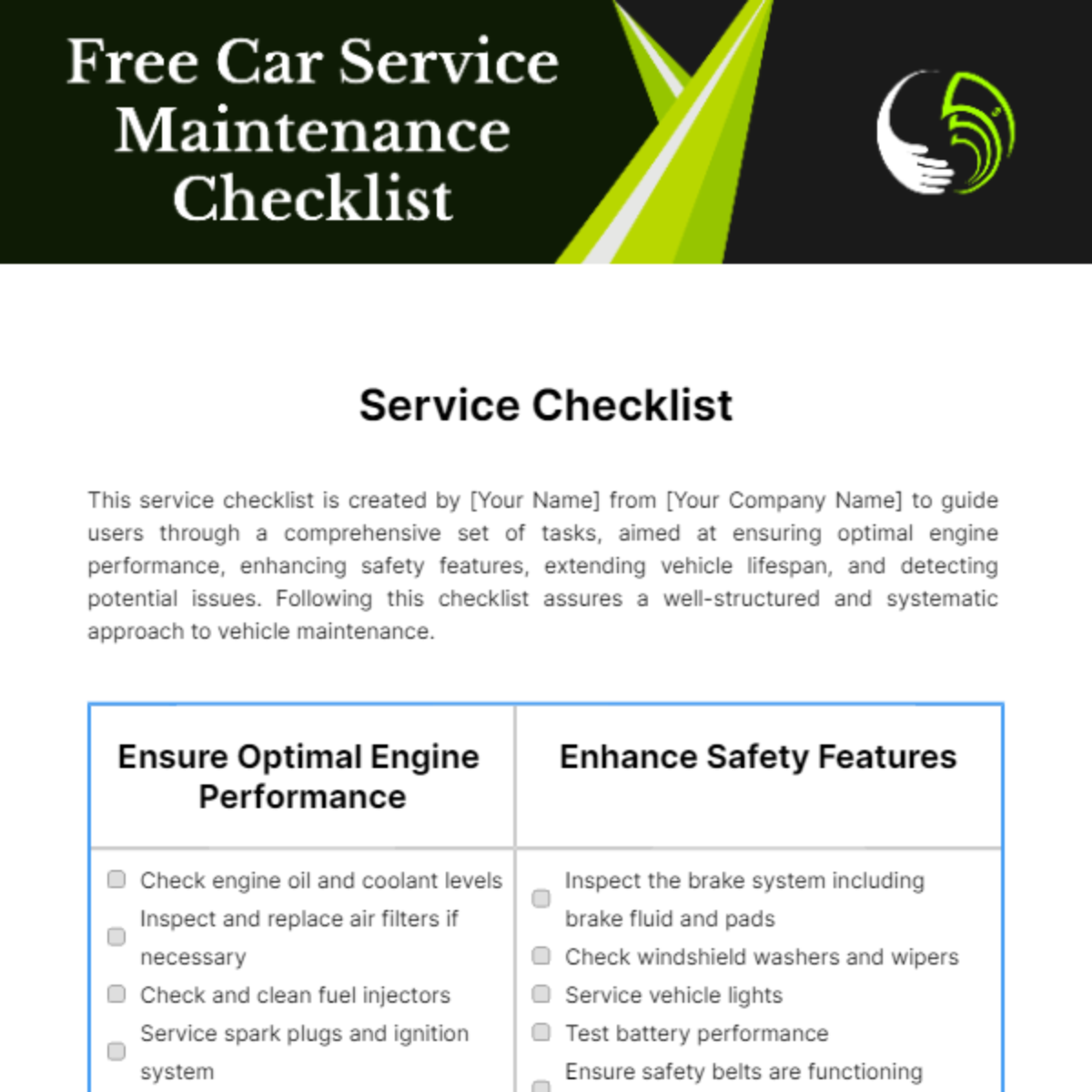 Free Car Service Maintenance Checklist Template