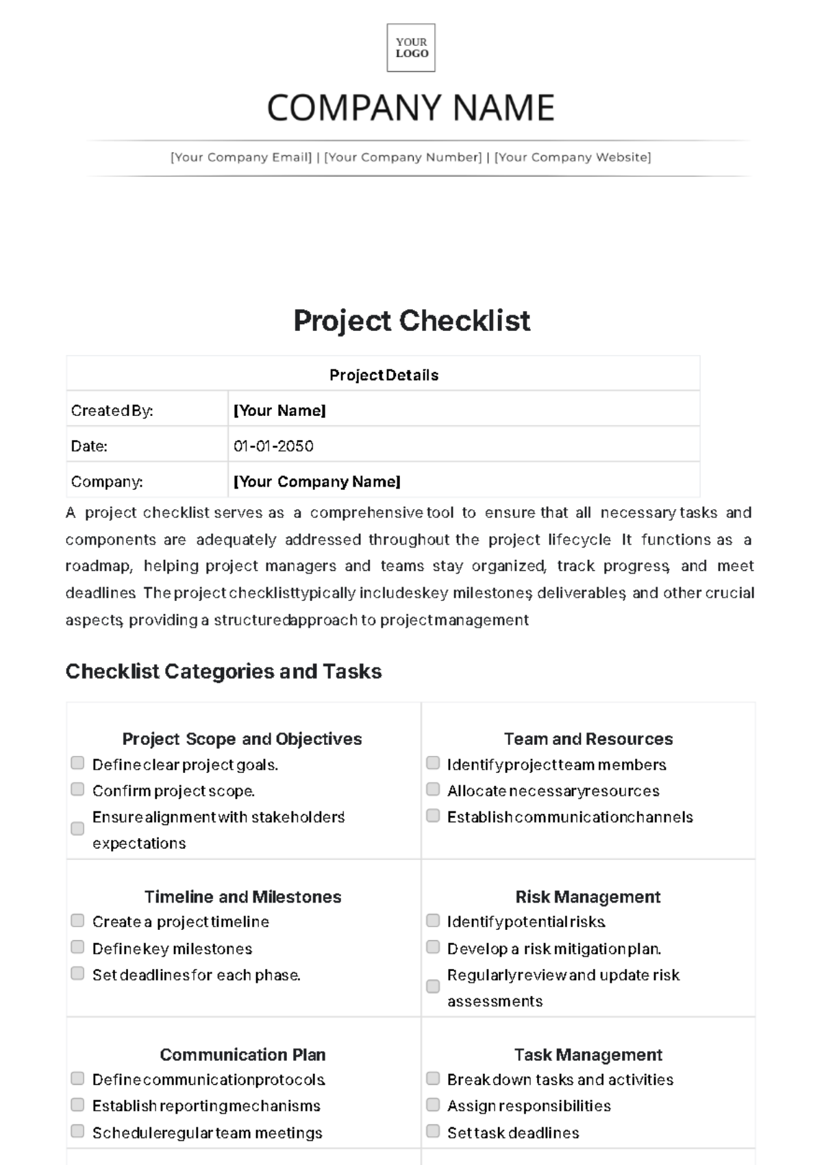 Simple Project Checklist Template - Edit Online & Download